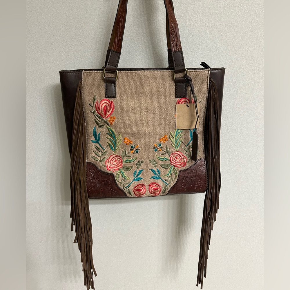 Ariat Beige Canvas Floral Embroidered Brown Leather Fringe Tote